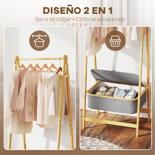 Burro para Ropa Plegable de Bambú con Cesta de Tela con Tapa para Recibidor Entrada Dormitorio 60x44,5x157,5 cm Gris [4]