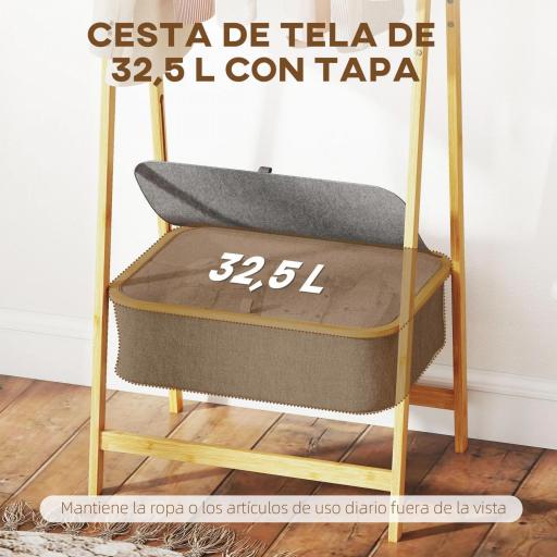 Burro para Ropa Plegable de Bambú con Cesta de Tela con Tapa para Recibidor Entrada Dormitorio 60x44,5x157,5 cm Gris [6]
