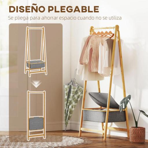 Burro para Ropa Plegable de Bambú con Cesta de Tela con Tapa para Recibidor Entrada Dormitorio 60x44,5x157,5 cm Gris [5]