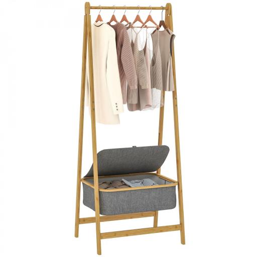Burro para Ropa Plegable de Bambú con Cesta de Tela con Tapa para Recibidor Entrada Dormitorio 60x44,5x157,5 cm Gris [8]