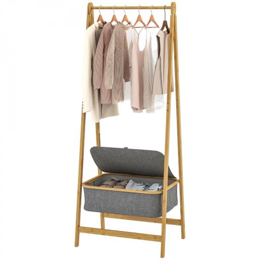 Burro para Ropa Plegable de Bambú con Cesta de Tela con Tapa para Recibidor Entrada Dormitorio 60x44,5x157,5 cm Gris [9]