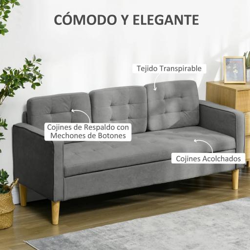 Sofá de 3 Plazas Acolchado con 3 Cojines y Reposabrazos Espacio de Almacenaje Estilo Moderno para Salón Dormitorio 166,5x62x82 cm Gris [2]