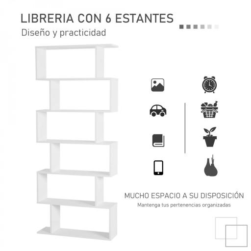Estantería para Libros Moderna Librería con 6 Estantes para Comedor Salón Estudio 80x23x192 cm Blanco [2]
