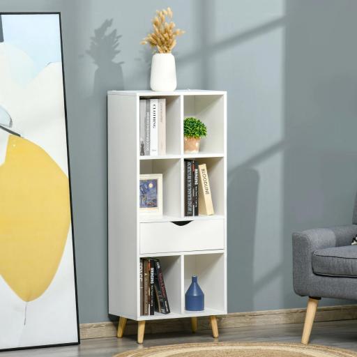 Estantería para Libros con 1 Cajón y Patas de Madera 6 Compartimentos Abiertos de Almacenaje 50x29,5x120 cm Blanco