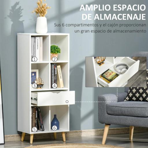 Estantería para Libros con 1 Cajón y Patas de Madera 6 Compartimentos Abiertos de Almacenaje 50x29,5x120 cm Blanco [2]