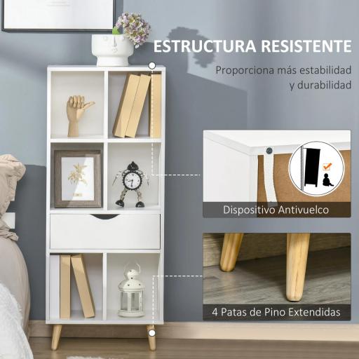 Estantería para Libros con 1 Cajón y Patas de Madera 6 Compartimentos Abiertos de Almacenaje 50x29,5x120 cm Blanco [5]