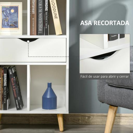 Estantería para Libros con 1 Cajón y Patas de Madera 6 Compartimentos Abiertos de Almacenaje 50x29,5x120 cm Blanco [4]