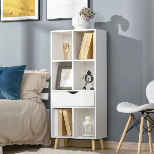 Estantería para Libros con 1 Cajón y Patas de Madera 6 Compartimentos Abiertos de Almacenaje 50x29,5x120 cm Blanco [3]