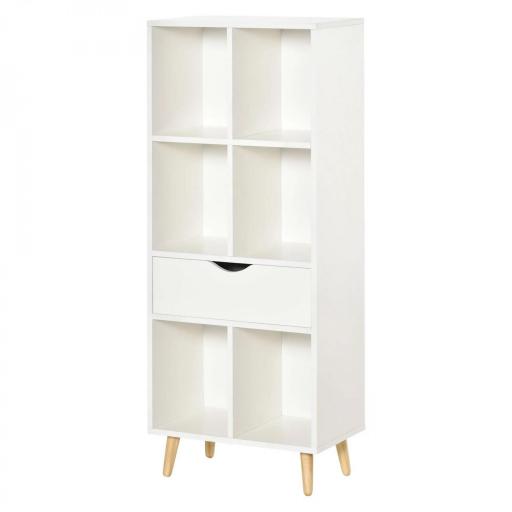 Estantería para Libros con 1 Cajón y Patas de Madera 6 Compartimentos Abiertos de Almacenaje 50x29,5x120 cm Blanco [9]