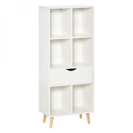 Estantería para Libros con 1 Cajón y Patas de Madera 6 Compartimentos Abiertos de Almacenaje 50x29,5x120 cm Blanco [8]