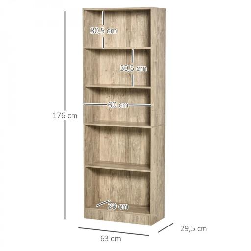 Librería Estantería de 5 Niveles para Libros con 3 Baldas Ajustables Antivuelco Almacenaje para Salón Oficina Estudio 63x29,5x176 cm Madera Natural [1]