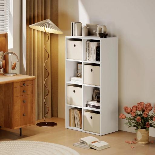 Estantería de 8 Cubos con 4 Cajones de Tela Horizontal o Vertical para Salón Dormitorio 105,9x30x53,7 cm Blanco y Beige