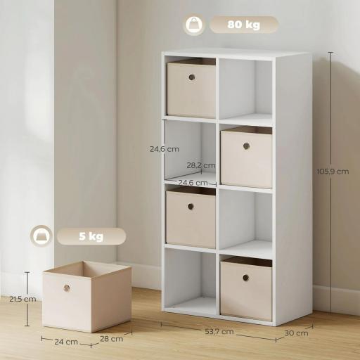 Estantería de 8 Cubos con 4 Cajones de Tela Horizontal o Vertical para Salón Dormitorio 105,9x30x53,7 cm Blanco y Beige [1]