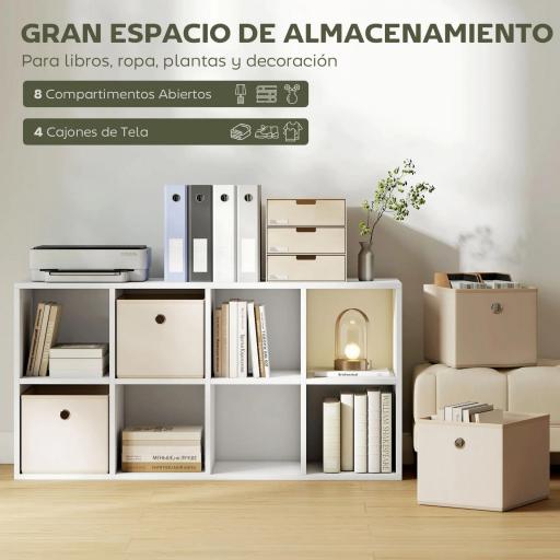 Estantería de 8 Cubos con 4 Cajones de Tela Horizontal o Vertical para Salón Dormitorio 105,9x30x53,7 cm Blanco y Beige [2]