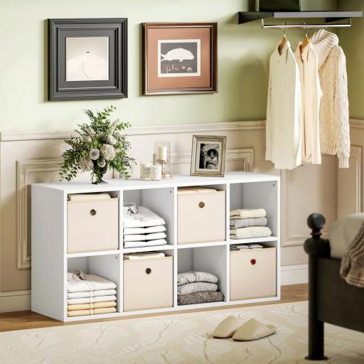 Estantería de 8 Cubos con 4 Cajones de Tela Horizontal o Vertical para Salón Dormitorio 105,9x30x53,7 cm Blanco y Beige [6]