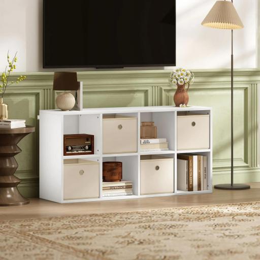 Estantería de 8 Cubos con 4 Cajones de Tela Horizontal o Vertical para Salón Dormitorio 105,9x30x53,7 cm Blanco y Beige [7]