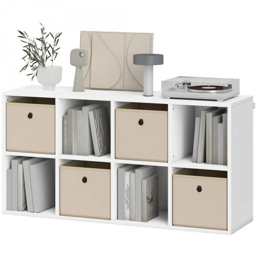 Estantería de 8 Cubos con 4 Cajones de Tela Horizontal o Vertical para Salón Dormitorio 105,9x30x53,7 cm Blanco y Beige [8]