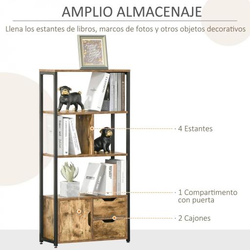 Estantería de Estilo Industrial con Armario y 2 Cajones para Libros y Almacenaje 58x24x122 cm Marrón Rústico [2]