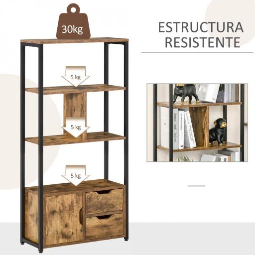 Estantería de Estilo Industrial con Armario y 2 Cajones para Libros y Almacenaje 58x24x122 cm Marrón Rústico [3]