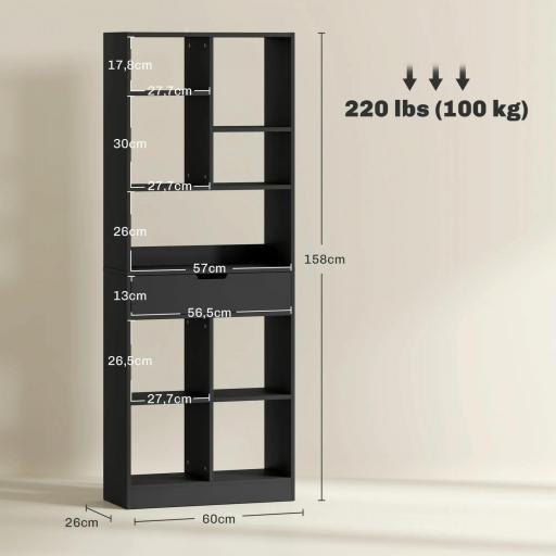 Estantería para Libros con 1 Cajón y 9 Compartimentos Mueble Librería para Salón Oficina Estudio 60x26x158cm Negro [1]