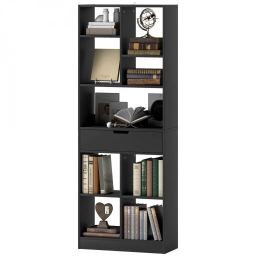 Estantería para Libros con 1 Cajón y 9 Compartimentos Mueble Librería para Salón Oficina Estudio 60x26x158cm Negro [8]