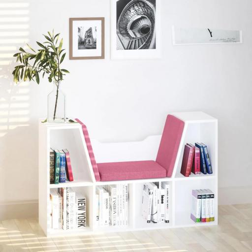 Librería con Asiento Estantería de Libros con 6 Cubos Cojín para Sala de Estar Dormitorio 102x30x61cm Blanco y Rosa