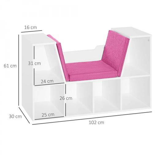 Librería con Asiento Estantería de Libros con 6 Cubos Cojín para Sala de Estar Dormitorio 102x30x61cm Blanco y Rosa [1]