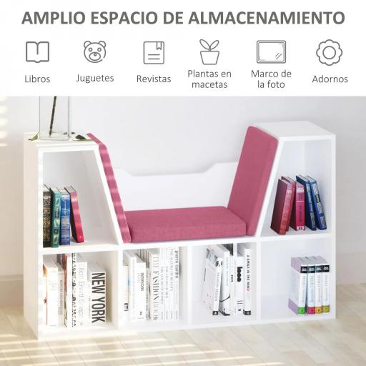 Librería con Asiento Estantería de Libros con 6 Cubos Cojín para Sala de Estar Dormitorio 102x30x61cm Blanco y Rosa [4]