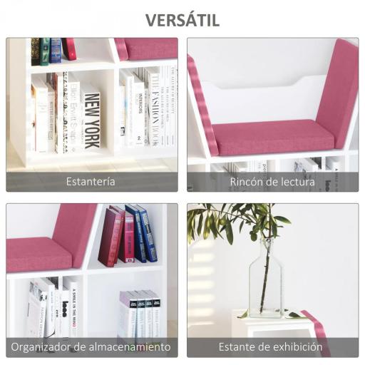 Librería con Asiento Estantería de Libros con 6 Cubos Cojín para Sala de Estar Dormitorio 102x30x61cm Blanco y Rosa [2]