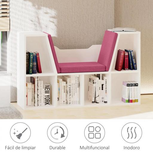 Librería con Asiento Estantería de Libros con 6 Cubos Cojín para Sala de Estar Dormitorio 102x30x61cm Blanco y Rosa [3]