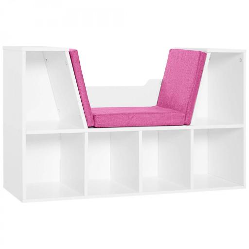 Librería con Asiento Estantería de Libros con 6 Cubos Cojín para Sala de Estar Dormitorio 102x30x61cm Blanco y Rosa [9]