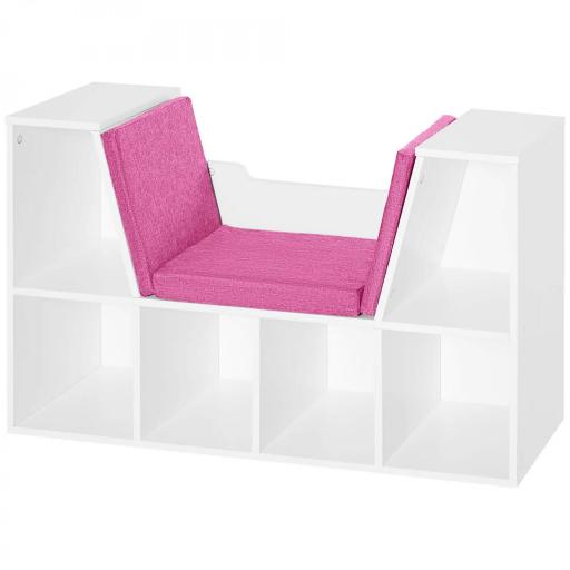 Librería con Asiento Estantería de Libros con 6 Cubos Cojín para Sala de Estar Dormitorio 102x30x61cm Blanco y Rosa [8]