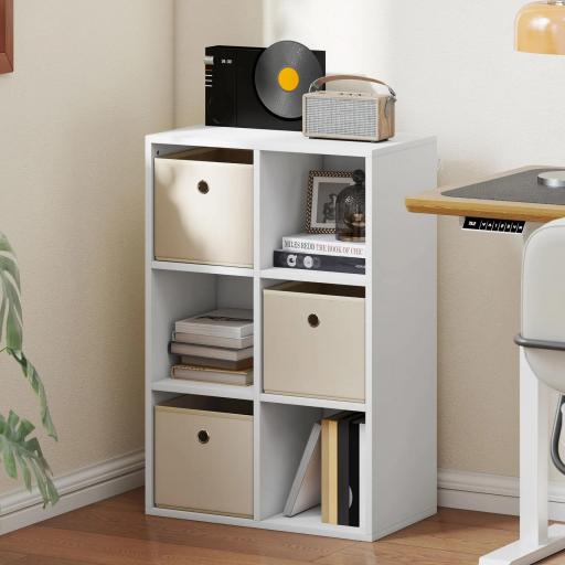 Estantería Cubo de Almacenamiento con 6 Compartimentos y 3 Cajones de Tela para Salón 53,7x30x79,8 cm Blanco y Beige