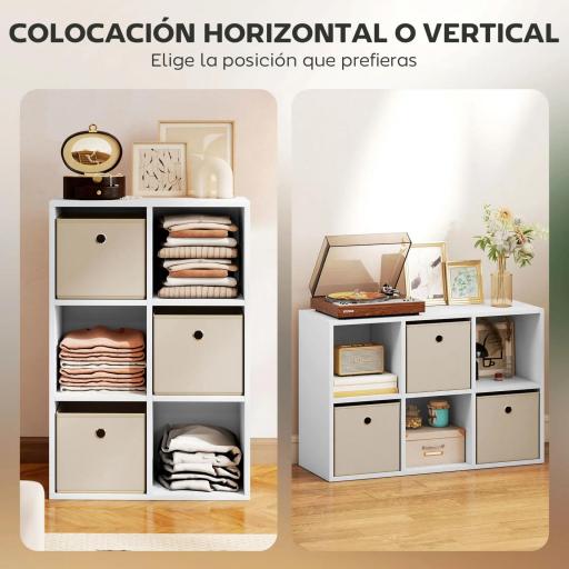 Estantería Cubo de Almacenamiento con 6 Compartimentos y 3 Cajones de Tela para Salón 53,7x30x79,8 cm Blanco y Beige [4]