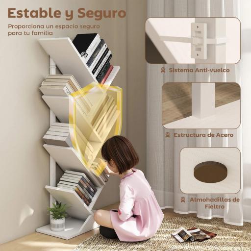 Estantería en Forma de Árbol con 7 Estantes y Sistema Antivuelco para Salón Dormitorio 50x24x109 cm Blanco [4]