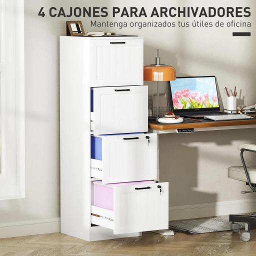 Mueble Archivador con 4 Cajones Cerraduras Carpetas A4 y Carta 40x40x131 cm Blanco [2]