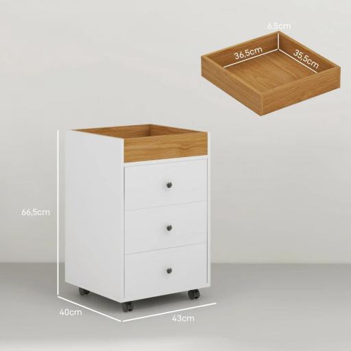 Cajonera de Oficina con 4 Ruedas 3 Cajones y 1 Bandeja Extraíble Carga 30 kg 43x40x66,5 cm Blanco y Natural [1]
