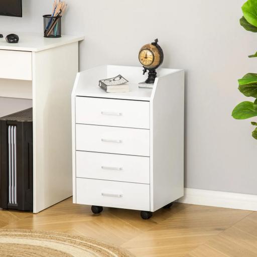 Cajonera de Oficina Mueble Auxiliar para Archivos con 4 Cajones Encimera Superior de Almacenaje 4 Ruedas y 2 Frenos para Estudio Despacho 40x36x65 cm Blanco