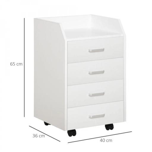 Cajonera de Oficina Mueble Auxiliar para Archivos con 4 Cajones Encimera Superior de Almacenaje 4 Ruedas y 2 Frenos para Estudio Despacho 40x36x65 cm Blanco [1]