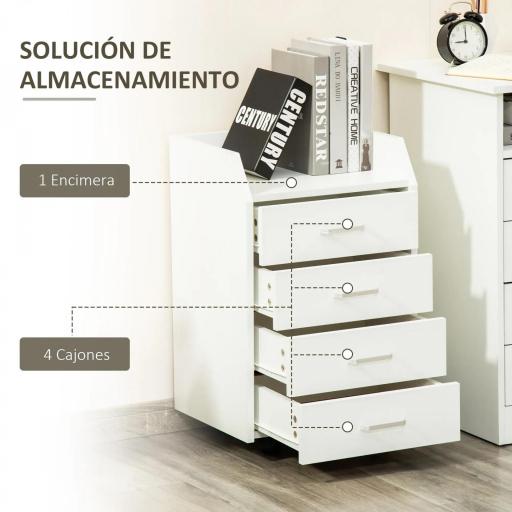 Cajonera de Oficina Mueble Auxiliar para Archivos con 4 Cajones Encimera Superior de Almacenaje 4 Ruedas y 2 Frenos para Estudio Despacho 40x36x65 cm Blanco [4]