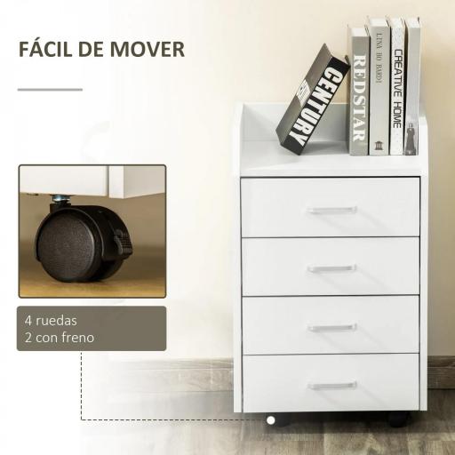 Cajonera de Oficina Mueble Auxiliar para Archivos con 4 Cajones Encimera Superior de Almacenaje 4 Ruedas y 2 Frenos para Estudio Despacho 40x36x65 cm Blanco [2]
