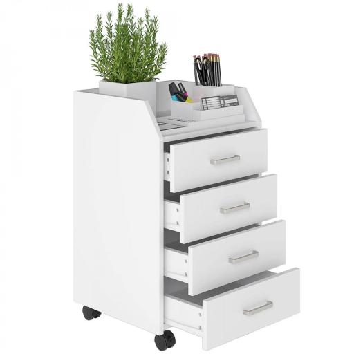 Cajonera de Oficina Mueble Auxiliar para Archivos con 4 Cajones Encimera Superior de Almacenaje 4 Ruedas y 2 Frenos para Estudio Despacho 40x36x65 cm Blanco [8]