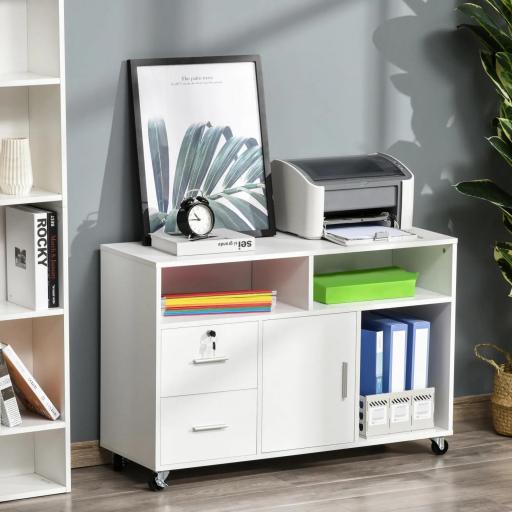 Mueble Auxiliar de Oficina Mueble Archivador con Ruedas Estantes y Cajones Armario Multiusos con Gran Almacenaje 100x35x65 cm Blanco