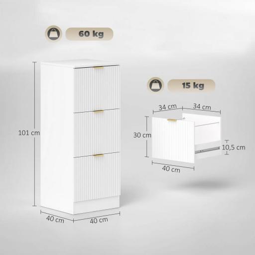 Cajonera de Escritorio con 3 Cajones Frentes Acanalados Mueble Archivador para Tamaño A4 o Carta 40x40x101 cm Blanco [1]