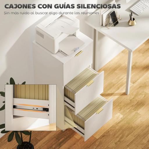 Cajonera de Escritorio con 3 Cajones Frentes Acanalados Mueble Archivador para Tamaño A4 o Carta 40x40x101 cm Blanco [4]