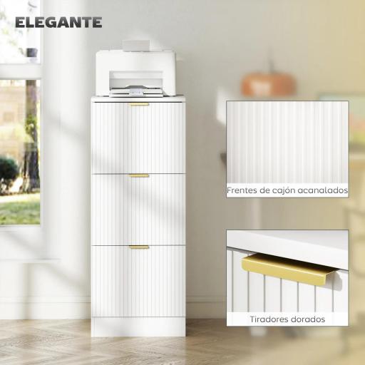 Cajonera de Escritorio con 3 Cajones Frentes Acanalados Mueble Archivador para Tamaño A4 o Carta 40x40x101 cm Blanco [6]