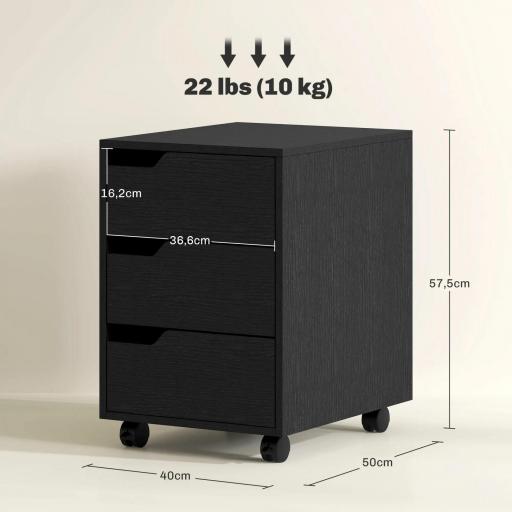 Cajonera de Oficina con Ruedas 3 Cajones Cajonera para Escritorio Estudio 40x50x57,5 cm Negro [1]