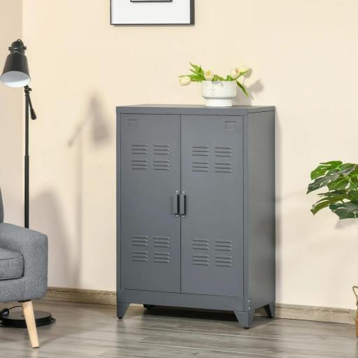 Armario Metálico con Doble Puerta y 2 Baldas Ajustables Mueble Multiusos para Oficina Salón Dormitorio 75x33x110cm Gris