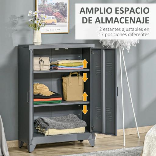 Armario Metálico con Doble Puerta y 2 Baldas Ajustables Mueble Multiusos para Oficina Salón Dormitorio 75x33x110cm Gris [3]