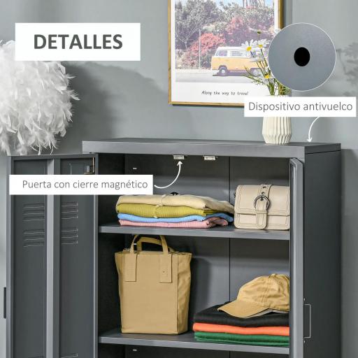 Armario Metálico con Doble Puerta y 2 Baldas Ajustables Mueble Multiusos para Oficina Salón Dormitorio 75x33x110cm Gris [4]